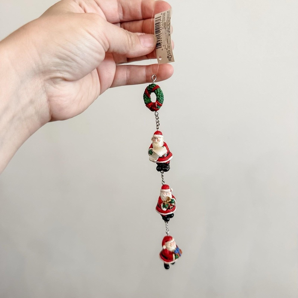 VTG New RUSS 3 Santa's w/List, Bow & Present Hanging on Chain Christmas Ornament